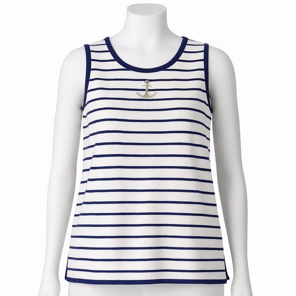 Jamie S. Casuals Sweaters - VINTAGE JAMIE S CASUALS Sweater Tank Embroidered White Navy Blue Stripes Medium